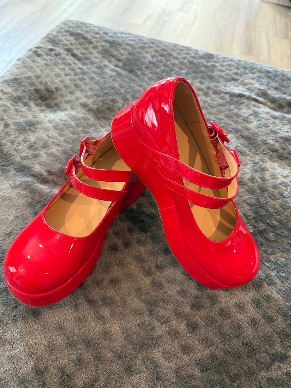 Red Patent Mary Jane Ballet Flats with Double Straps